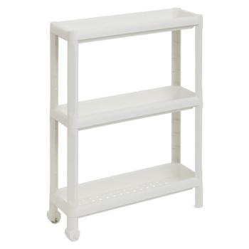 Malý bílý plastový regál s kolečky plytký do koupelny / ložnice / kuchyně 53x71x17 cm