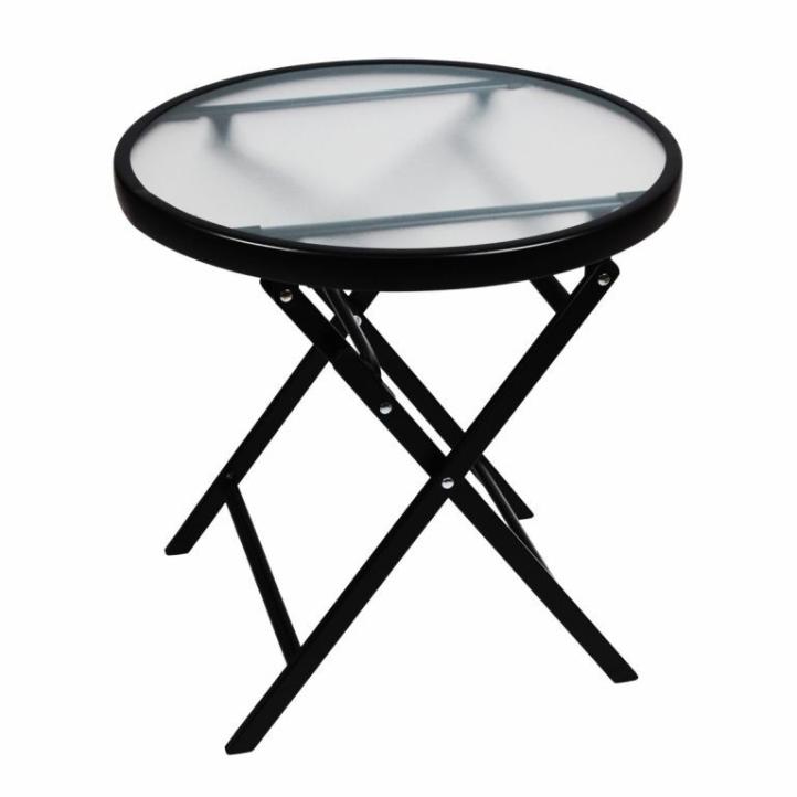 Malý kulatý venkovní stolek kov - sklo matné, skládací, na zahradu / terasu / balkon, průměr 45 cm
