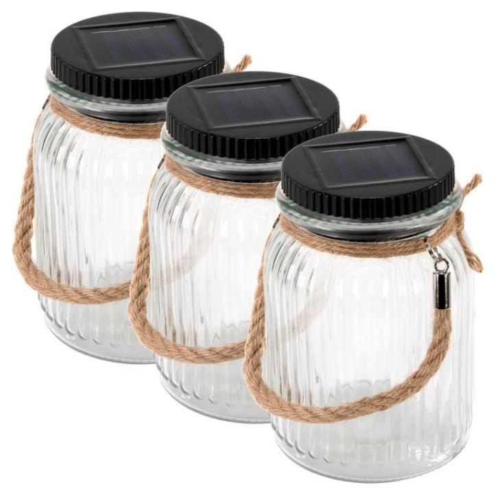 3x dekorativní solární sklenice plastová na postavení / zavěšení, teple bílá led, 15,5 cm