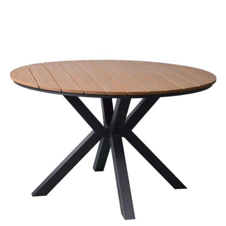Kvalitní zahradní stůl kulatý pro 4 osoby hliníkový rám + deska polywood, černá / hnědá, průměr 120 cm