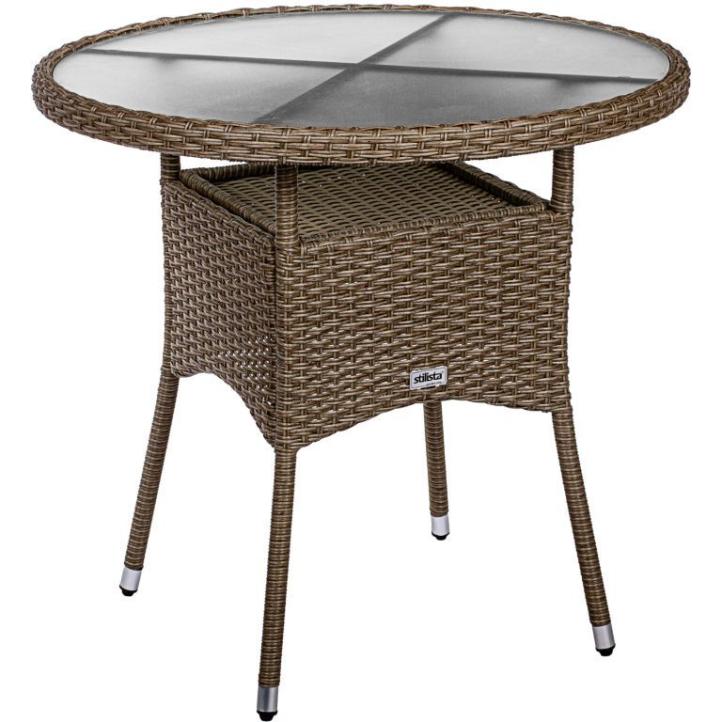 Krémově hnědý venkovní kulatý stůl průměr 80 cm ratan / sklo, na balkon / terasu / zahradu