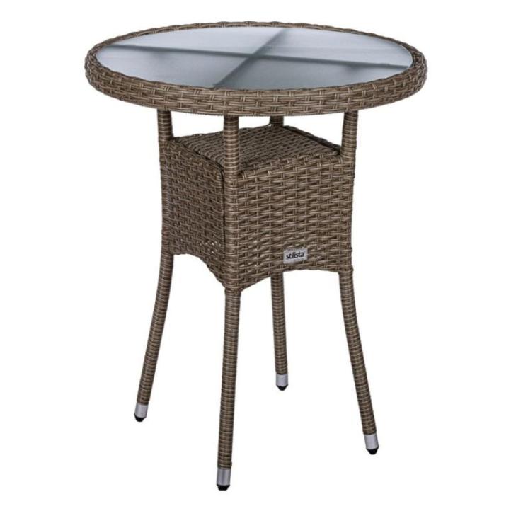 Malý kulatý venkovní stolek krémový o průměru 60 cm, umělý ratan / sklo