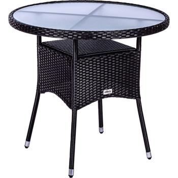 Černý venkovní kulatý stůl průměr 80 cm ratan / sklo, na balkon / terasu / zahradu