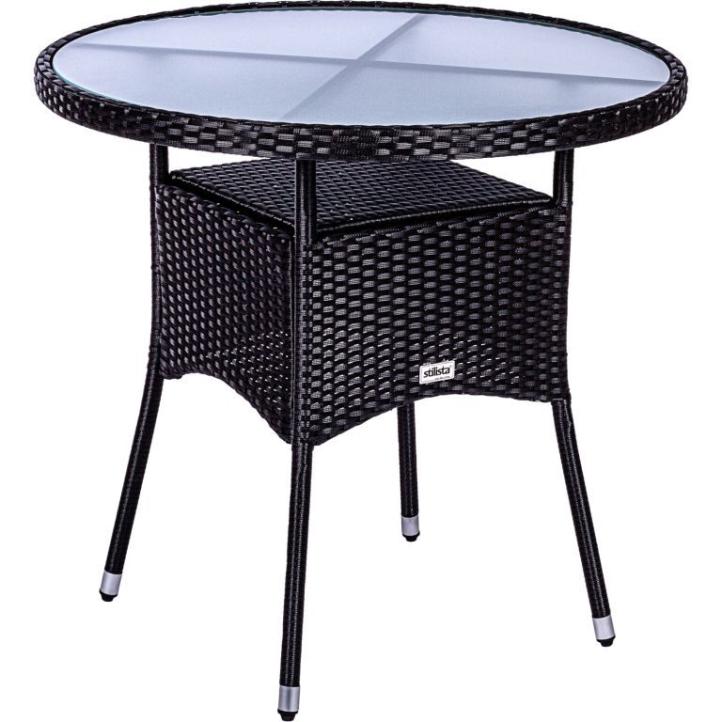Černý venkovní kulatý stůl průměr 80 cm ratan / sklo, na balkon / terasu / zahradu