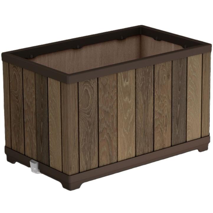 Velký květináč s inteligentním zavlažováním na terasu / balkon / zahradu, hnědý vzhled dřeva, 76x46x46 cm