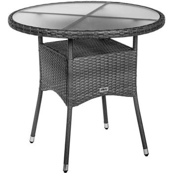 Šedivý venkovní kulatý stůl průměr 80 cm ratan / sklo, na balkon / terasu / zahradu