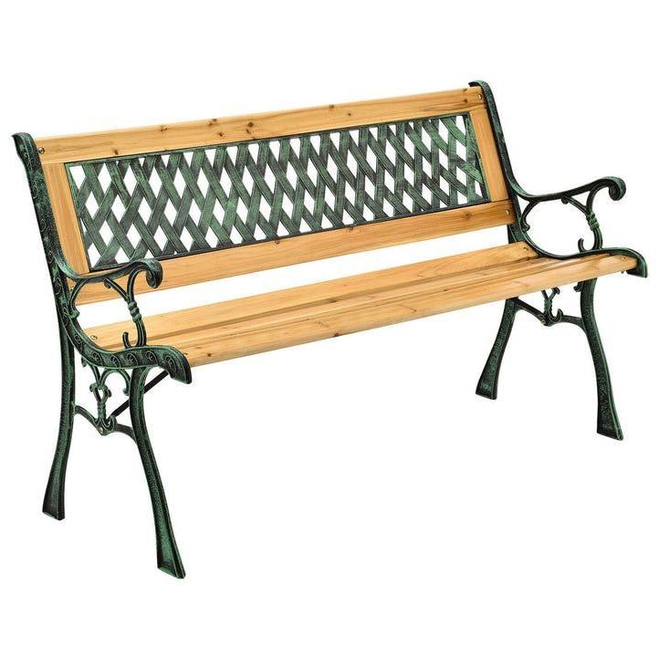 Levná malá venkovní okrasná lavička litina dřevo 122 cm s ozdobnými detaily
