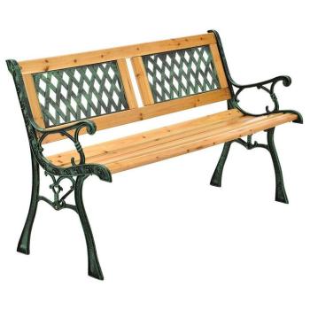 Levná malá zahradní lavička pro 2 osoby litina + dřevo 122 cm se zdobenými detaily