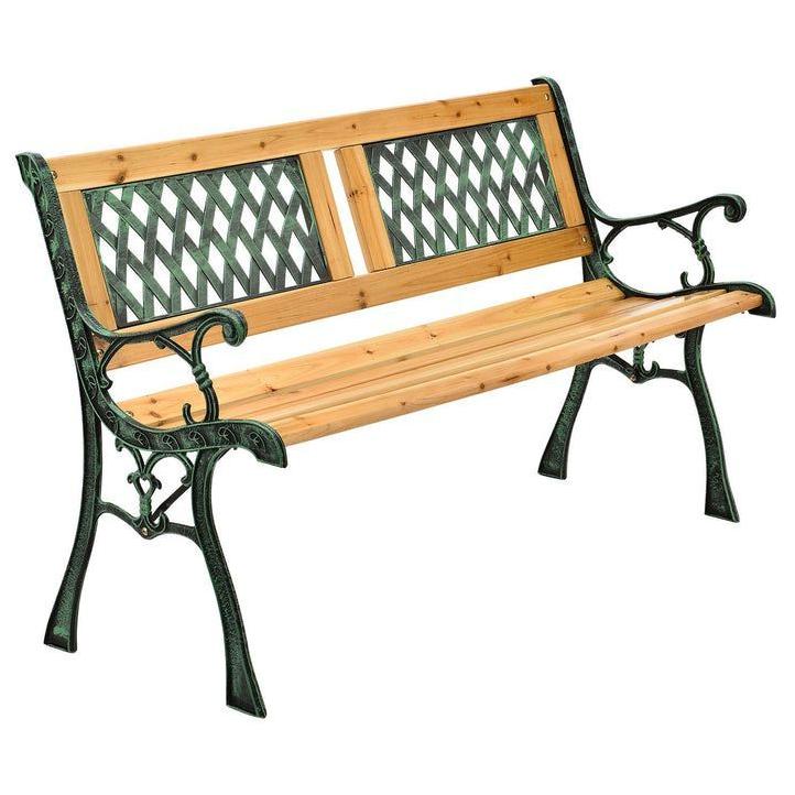 Levná malá zahradní lavička pro 2 osoby litina + dřevo 122 cm se zdobenými detaily