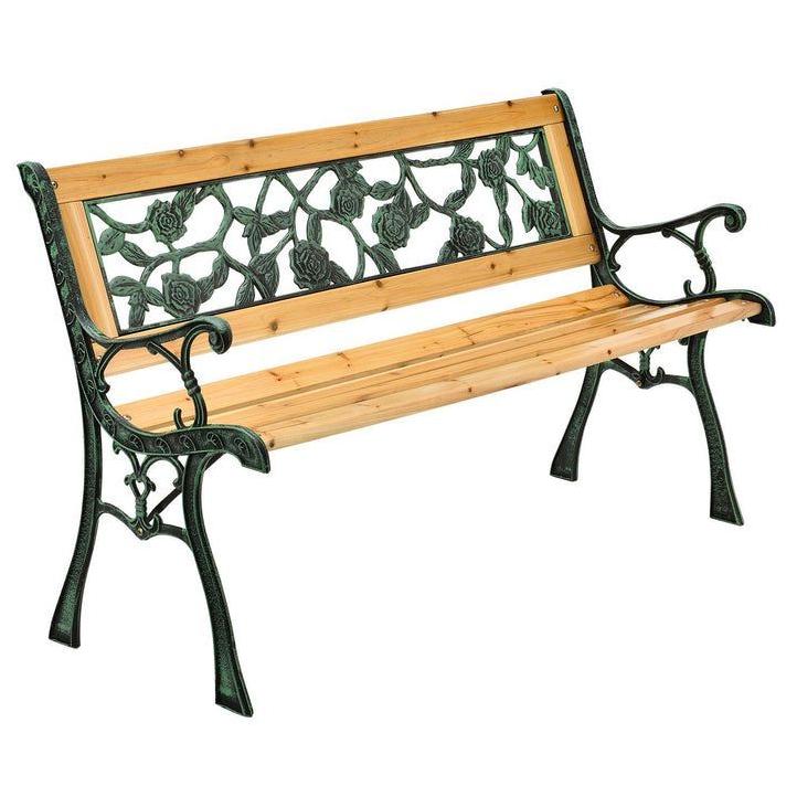 Dvoumístná odpočinková lavička se zdobeným opěradlem motiv květin 122 cm, dřevo + litina