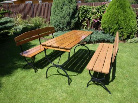 Set zahradního nábytku, 2 lavice + stůl, kov / dřevo