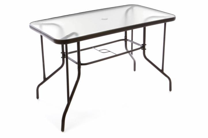 Kovový venkovní stolek se skleněnou deskou, obdélníkový