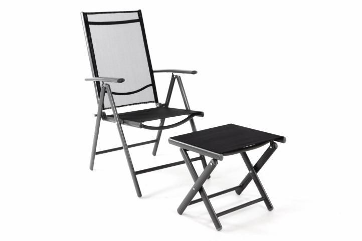 Lehká hliníková venkovní židle se stoličkou, skládací, černá