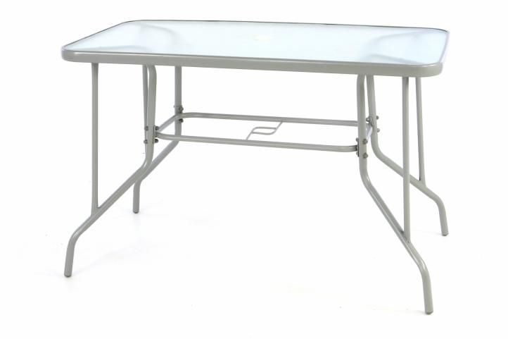 Kovový zahradní stůl se sklěněnou deskou, obdélník, šedý