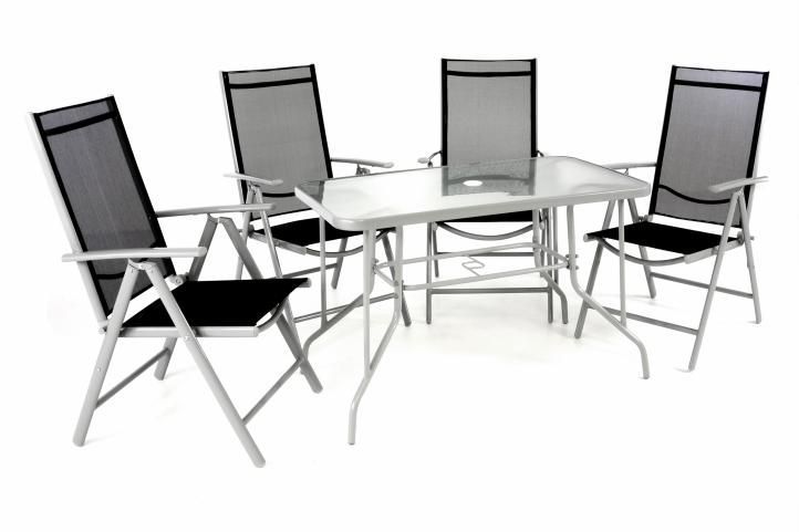 Set kovového venkovního nábytku, stolek se sklem, černá / šedá