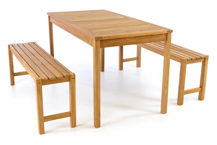 Zahradní sestava stolu a lavic z masivního teakového dřeva, 135 cm