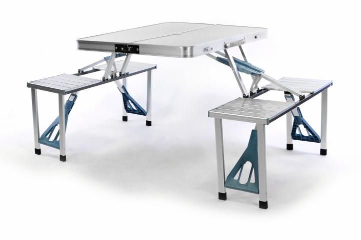 Kempovací sada nábytku- stůl s lavicemi, skládací, hliník, 136 cm