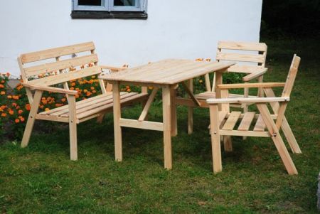 Rodinný dřevěný zahradní set nábytku, stůl, lavice, 2x židle, masiv bez lakování