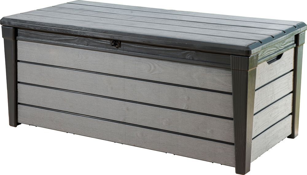 Velký úložný box na terasu / zahradu, dřevěný vzhled, uzamykatelný, šedý, 455 L