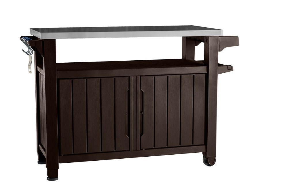 Plastový venkovní stůl s nerezovou horní deskou a úložným prostorem, tmavě hnědý, 134x52x90cm
