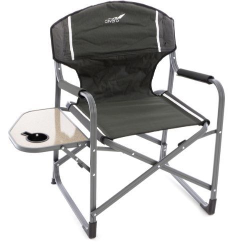 Kempinková skládací židle kov / umělá textilie, sklopný stolek na boku, zelená / hnědá / černá