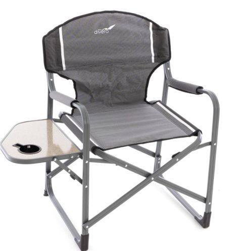 Kempinková skládací židle kov / umělá textilie, sklopný stolek na boku, šedá / hnědá / černá