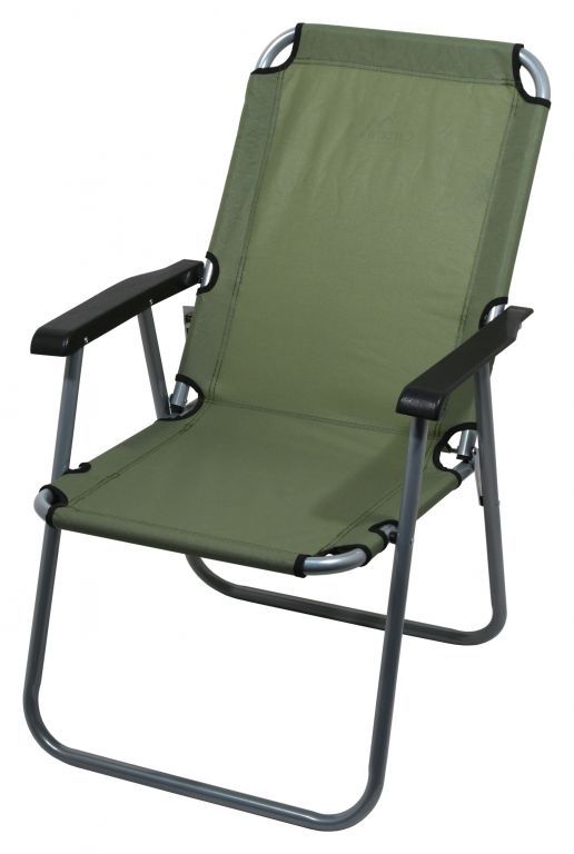 Kempinková skládací židle s pevným kovovým rámem a opěradlem, tmavě zelená