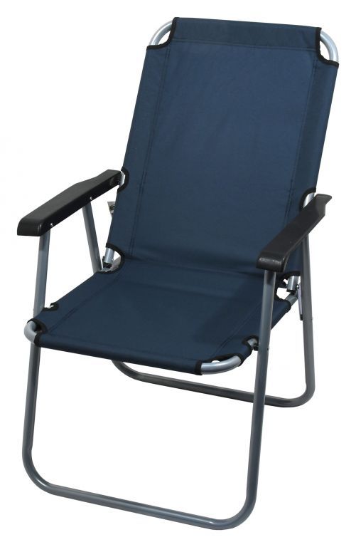 Kempinková skládací židle s pevným kovovým rámem a opěradlem, tmavě modrá