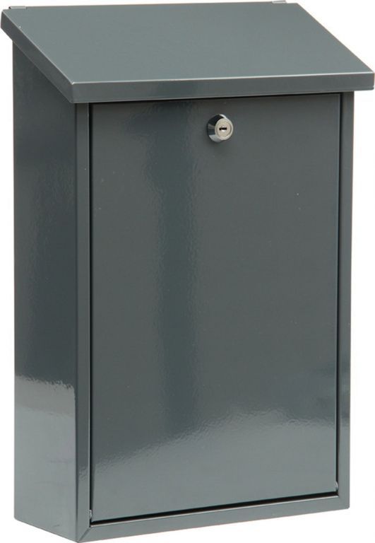 Uzamykatelná nástěnná poštovní schránka, zkosená odklopná horní část, šedá, 40x25x10cm