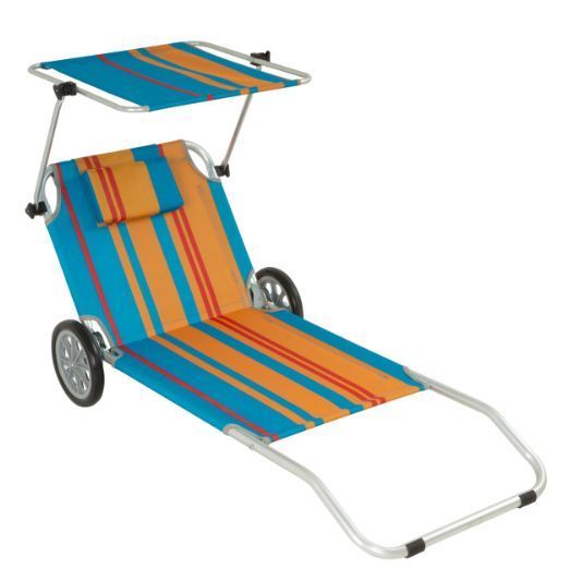 Skládací lehátko s kolečky na pláž / zahradu, snadný převoz, barevné pruhy