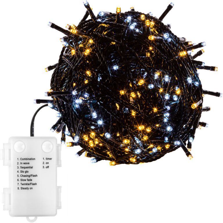 Světelný LED řetěz na baterie venkovní / vnitřní, blikající- 8 funkcí, teple / studeně bílá, 50 LED, 5 m