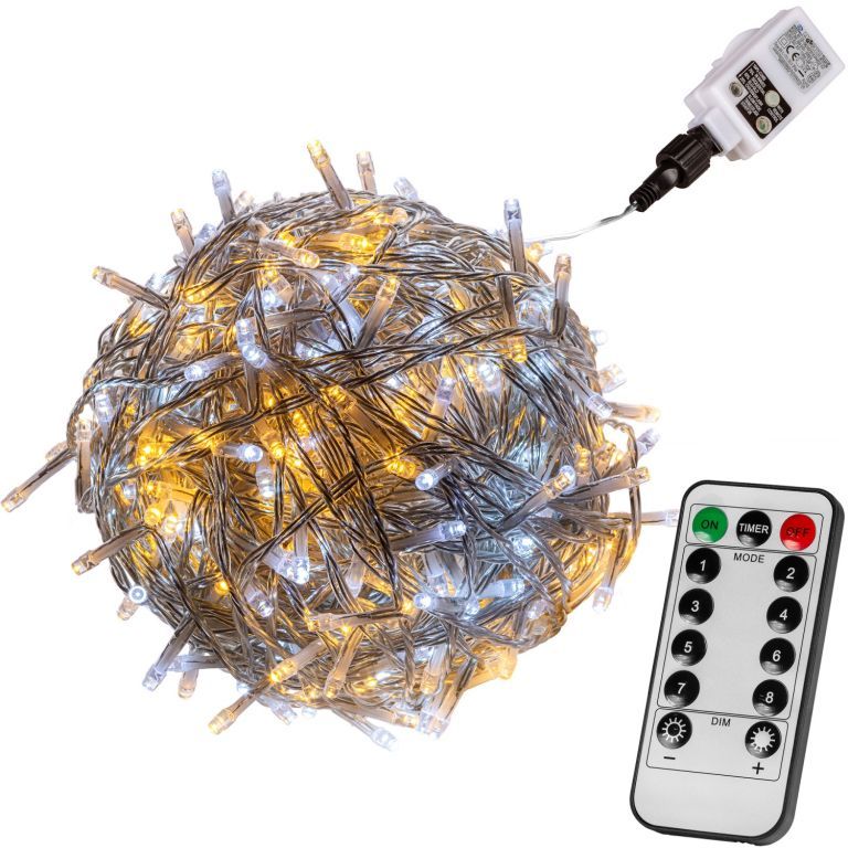 Světelný LED řetěz venkovní / vnitřní, funkce svícení / blikání, časovač, DO, průhl. kabel, 10 m