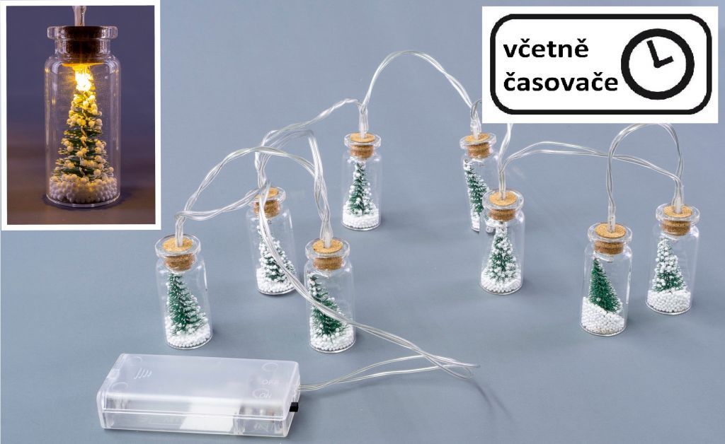 Vánoční LED řetěz do bytu- stromečky ve skleničkách, na baterie, 8 ks, 1 m