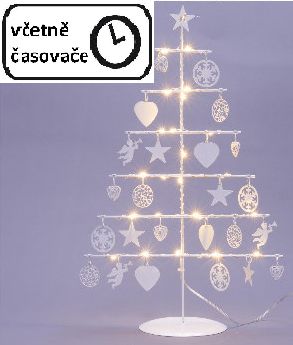 Vánoční dekorativní kovový stromek do interiéru osvětlený, na baterie, časovač, bílý, 42cm