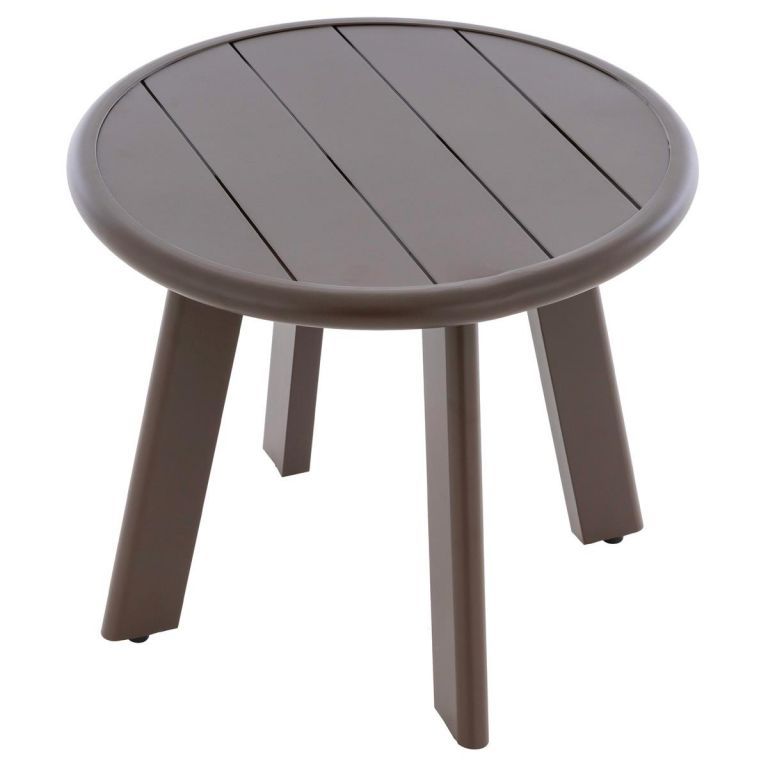 Nízký odkládací stolek na terasu / balkon, kulatý, hliník, tmavě hnědý, průměr 52,5 cm, výška 45 cm