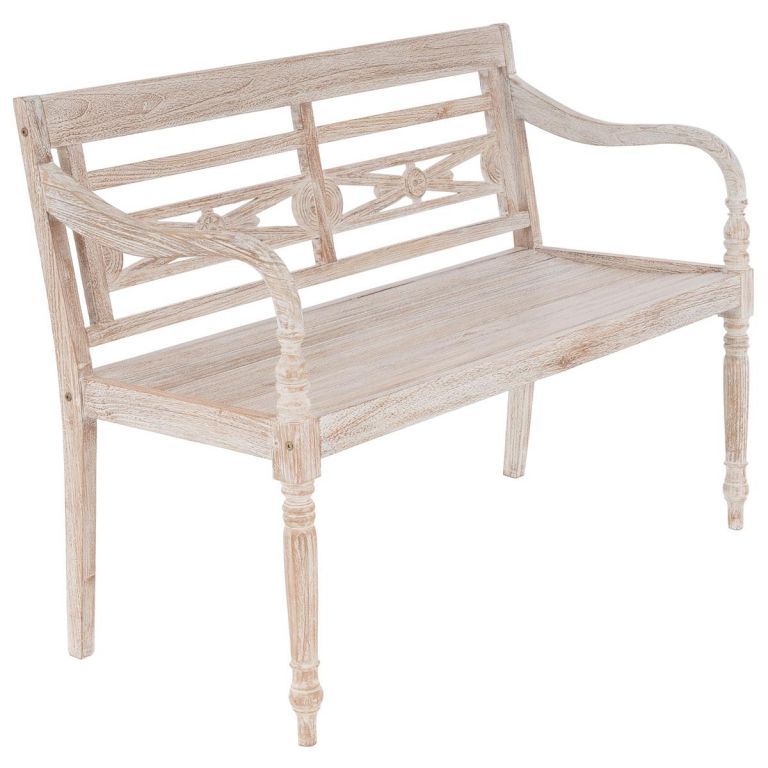 Dřevěná retro lavička s vyřezávanými detaily venkovní + vnitřní, teak, bílá, 119 cm