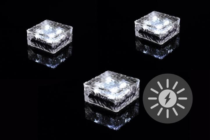 3x solární osvětlená kostka skleněná, venkovní, studeně bílé světlo, 4 LED, 10x10x5 cm