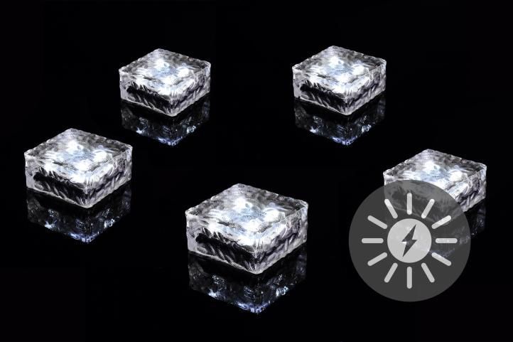 5x solární osvětlená kostka skleněná, venkovní, studeně bílé světlo, 4 LED, 10x10x5 cm
