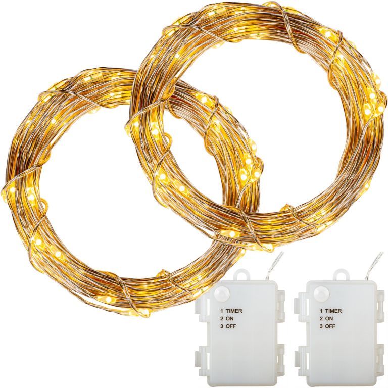 2x vánoční světelný řetěz- LED diody na drátku, na baterie, teple bílý, časovač, 10 m