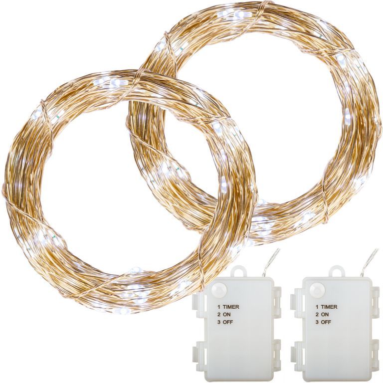 2x mini vánoční řetěz bateriový, LED diody na zlatém drátku, stud. bílý, 5 m