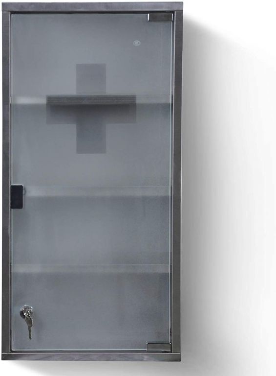 Kovová nástěnná lékárnička s poloprůhlednými dvířky, ocel, uzamykatelná, 30x60x12 cm