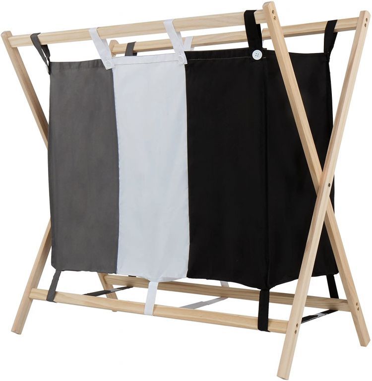 Textilní prádelní koš s dřevěným skládacím rámem, 3 přihrádky, 75x40x72 cm