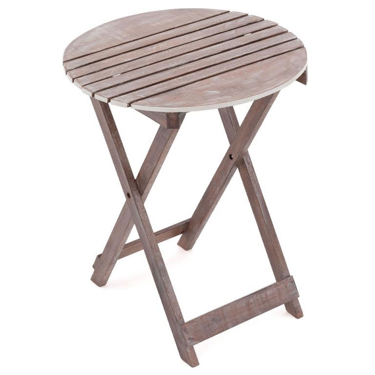 Sklopný menší kulatý stolek z masivního dřeva hnědošedý, výška 60 cm