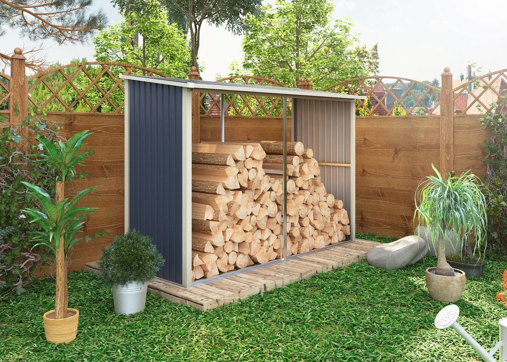 Kovový dřevník- přístřešek na dřevo k plotu / zahradnímu domku, šedý, 190x302x119 cm