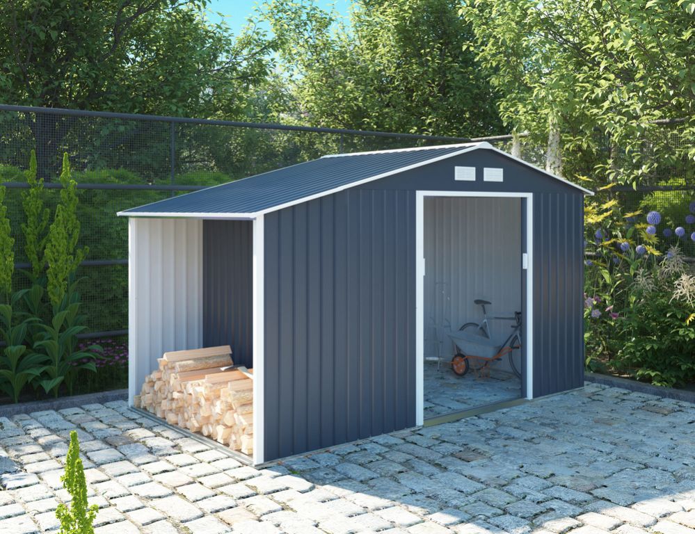 Kovový zahradní domek s přístřeškem na dřevo šedý, pozink + komaxit, 195x278x127 cm