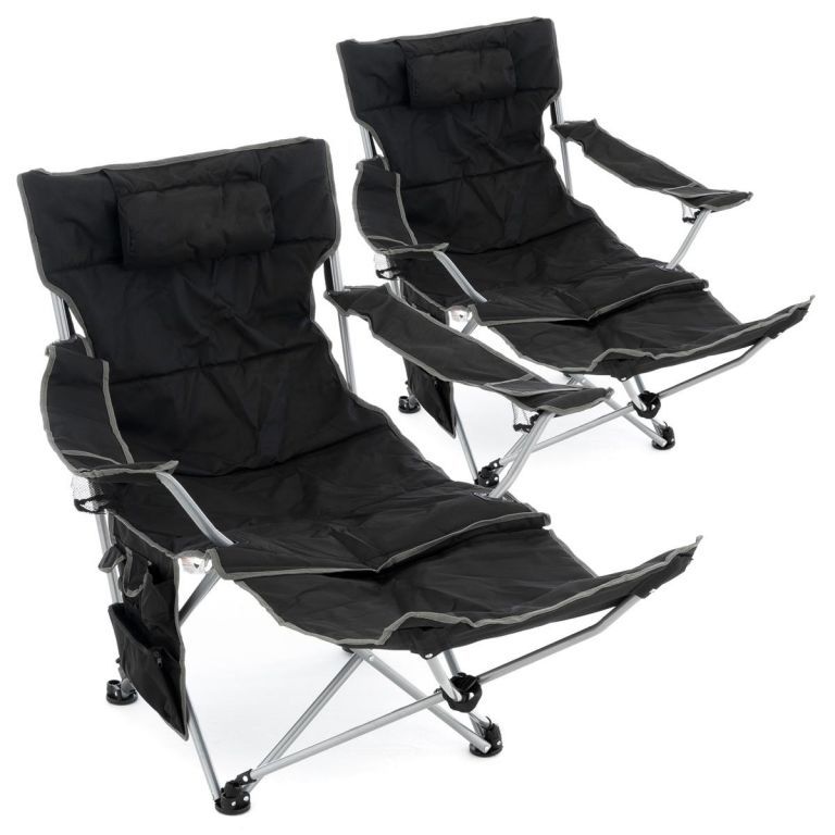 2x kempingová skládací přenosná židle / lehátko 2v1, odpojitelná podnožka, černá, do 100 kg
