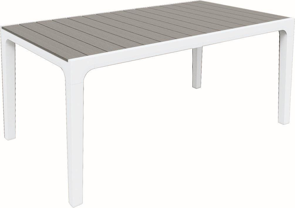 Venkovní plastový stůl na terasu, horní deska v imitaci dřeva, bílá / šedá, 160x90 cm