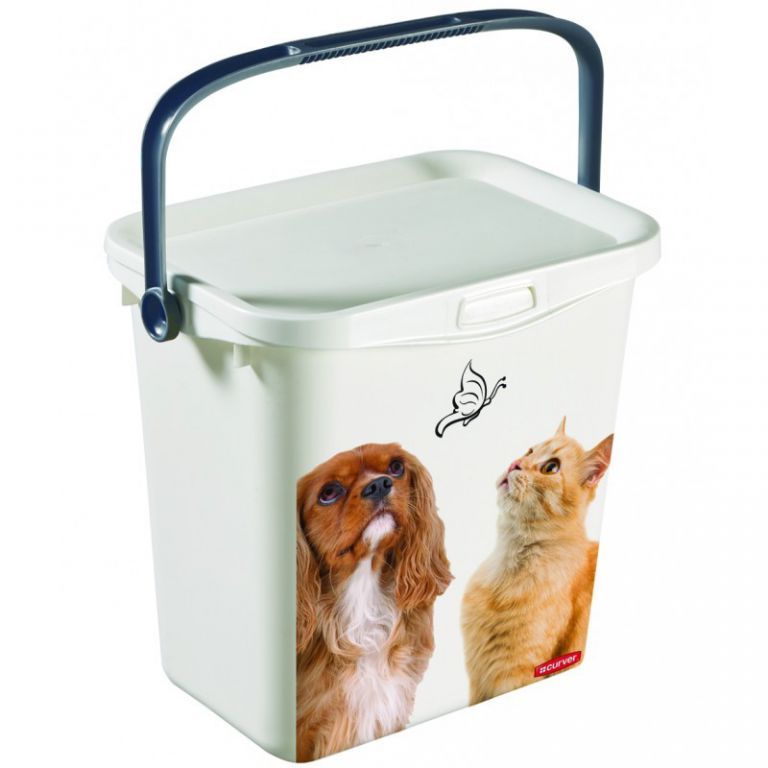 Větší plastový box- kbelík s víkem na krmivo pro psy a kočky, s madlem, 6L