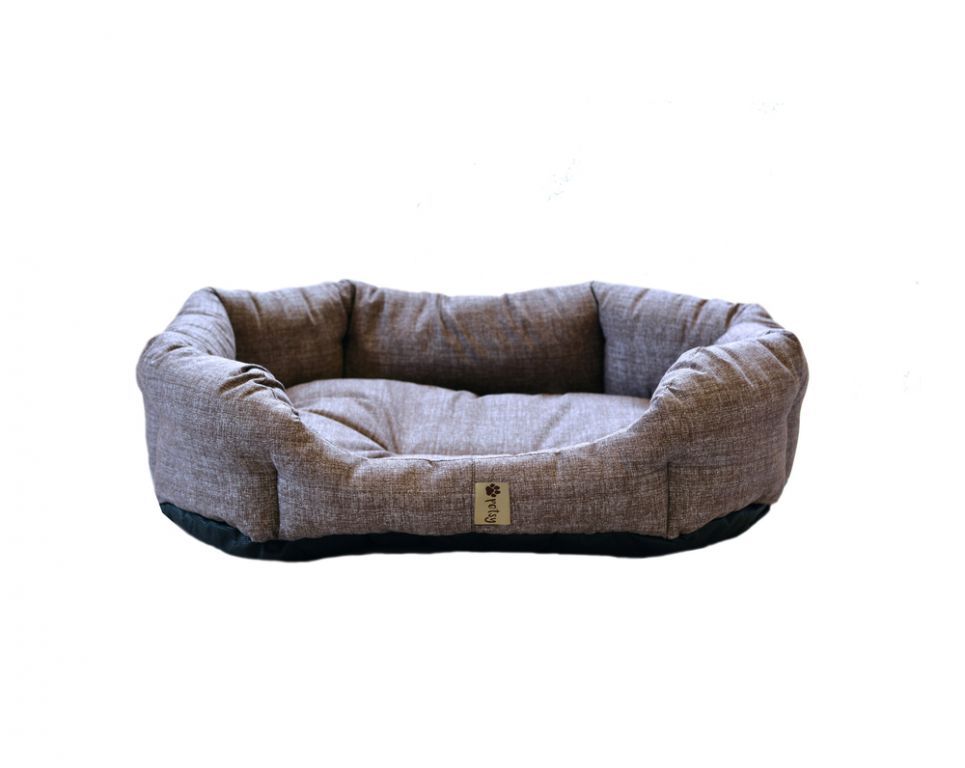 Kvalitní hnědý pelíšek pro psa, výplň duté vlákno, vyvýšené okraje, oválný, 65x50 cm