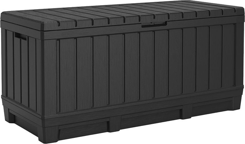 Velký masivní zahradní úložný box s možností sezení, plast- imitace dřeva, grafit, 350 L, 59x128x54 cm